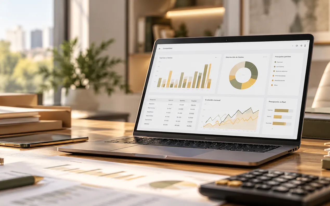 Portátil con los gráficos de ingresos y gastos de la empresa