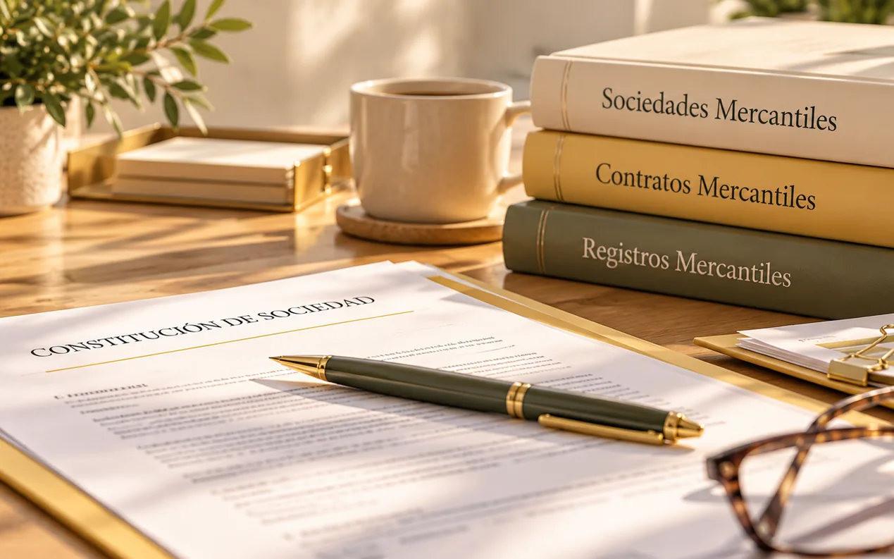 Escritura de constitución de sociedad junto a los libros de derecho mercantil